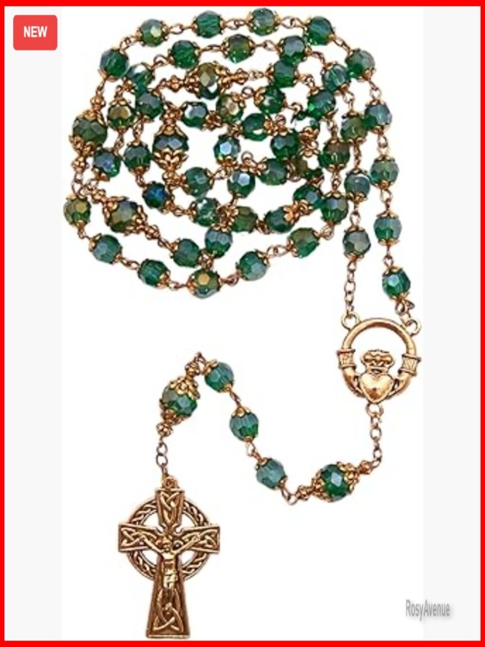 21.25 Inch Crystal Bead Rosary Necklace Celtic Cross Claddagh Centerpiece